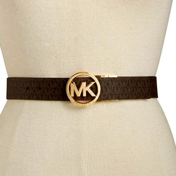 Michael Kors Brown Leather MK Circle Logo Belt with Gold Buckle MICHAEL KORS BELT BROWN MK MINI LOGO GOLD MK RECTANGULAR  main image 3